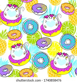 Fashion tropics funny wallpapers. Seamless pattern with cat, donuts, hearts and fruits on white background. Bright summer funny design for fabric and decor