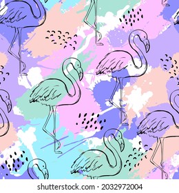 Fashion tropics funny wallpapers. Seamless pattern with flamingo on colourful background