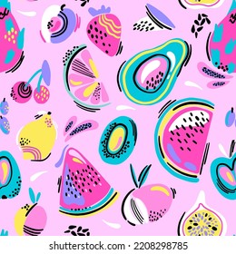 Fashion tropics funny wallpapers. Seamless pattern with fruits. Bright summer illustration. 