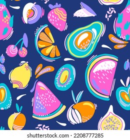 Fashion tropics funny wallpapers. Seamless pattern with fruits. Bright summer illustration. 