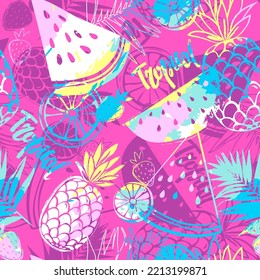 Fashion tropics funny wallpapers. Seamless pattern with pineapples, strawberries and oranges on pink background. Bright summer fruits illustration. Fruit mix design for fabric and decor.