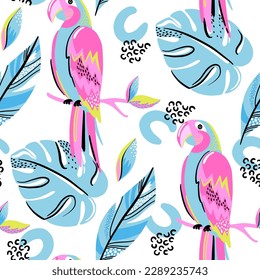 Fashion tropics funny wallpapers. Seamless pattern with tropical leaf and parrot on white  background.