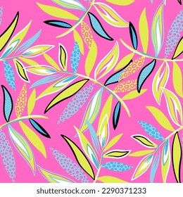 Fashion tropics funny wallpapers. Seamless pattern with leaf on pink background.