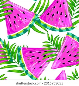 Fashion tropics funny wallpapers. Seamless pattern with watermelon and tropical leaves on white background. Bright summer fruits illustration. Fruit design for fabric and decor. 