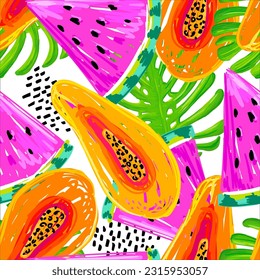 Modetropen, lustige Wallpaper. Nahtlose Muster mit Wassermelone, Papaya und tropischen Blättern. Illustration von hellen Sommerfrüchten. Design der Fruchtmischung für Stoff und Dekoration