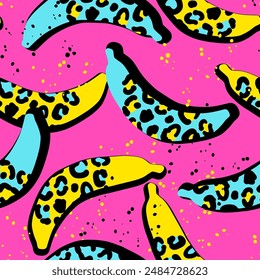 Fashion tropics funny wallpapers. Seamless pattern with bananas on pink background and leopard print. Bright summer fruits illustration. Tropical Design for fabric and textile