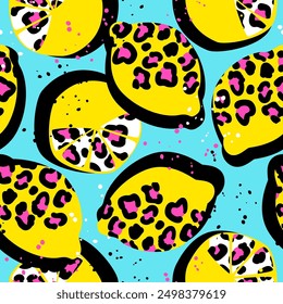 Fashion tropics funny wallpapers. Seamless pattern with lemons on blue background and leopard print. Bright summer fruits illustration. Tropical Design for fabric and textile