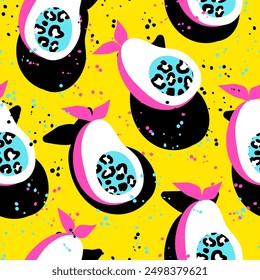 Fashion tropics funny wallpapers. Seamless pattern with avocado on yellow background and leopard print. Bright summer fruits illustration. Tropical Design for fabric and textile