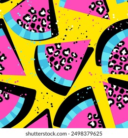 Fashion tropics funny wallpapers. Seamless pattern with watermelon on yellow background and leopard print. Bright summer fruits illustration. Tropical Design for fabric and textile