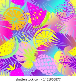 Fashion tropics wallpapers. Seamless pattern with leaf and fruits on neon background. Summer print