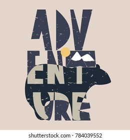 Fashion t-shirt print with slogan adventure and bear silhouette. Vector hand drawn illustration.