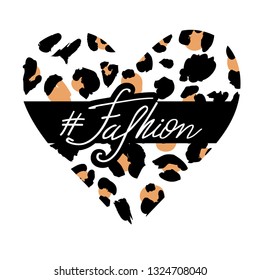 Fashion t-shirt print with slogan and leopard heart. Vector hand drawn illustration on white background.