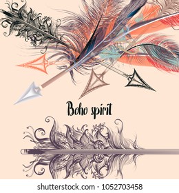 Fashion T-shirt print with vector boho arrows and feathers