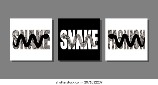 Fashion T-shirt prints set with snake silhouette and snakeskin pattern