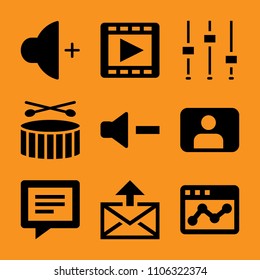 fashion, tune, art, drum, public and show icon vector set. Flat vector design with filled icons. Designed for web and software interfaces