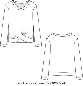 Fashion twist front v neck t-shirt top flat sketch technical drawing design vector