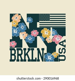 Fashion Typography Graphics. New York Sport T-shirt Design with floral letters, vector illustration 