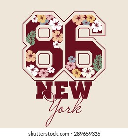 Fashion Typography Graphics. Sport T-shirt Design with floral numbers, vector illustration 