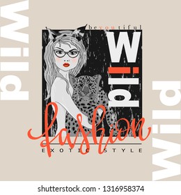 Fashion typography slogan print with b/w beautiful girl and leopard. Vector illustrations for t-shirt and clothing graphic, tee print design,  textile graphic.