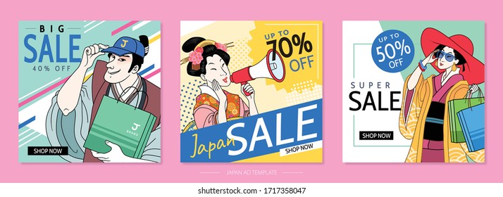 Fashion ukiyo-e shopping season ad templates set, people holding shopping bags and megaphone