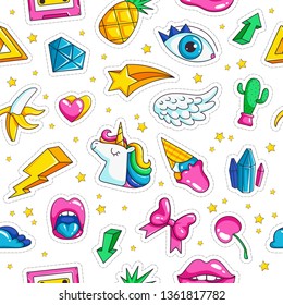 Fashion unicorn badges. Pattern in comic style with retro objects rainbow stars unicorn eyes clouds diamond seamless background