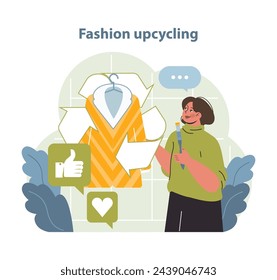 Fashion Upcycling Vector Illustration. A joyful person engages with upcycled clothing, representing the positive impact and creativity of sustainable fashion.