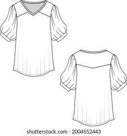 Fashion v neck Bubble sleeve blouse top flat sketch technical drawing template design vector