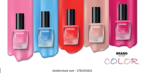 Fashion various colors nail lacquer ads. Nail polish splatter on white background for design Cosmetics and fashion background. 3d illustration
