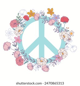 Fashion vector apparel print peace symbol and flowers