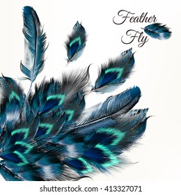 Fashion vector background with blue feathers  in realistic style for design