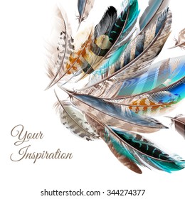 Fashion  vector background with blue white and brown  feathers in realistic style symbol of inspiration