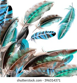 Fashion  vector background with blue white and brown  feathers in realistic style