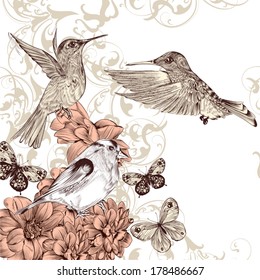 Fashion vector background with detailed hand drawn flourishes and birds