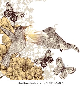 Fashion vector background with detailed hand drawn flourishes and birds