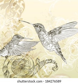 Fashion vector background with detailed hand drawn flourishes and birds