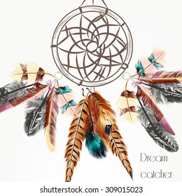 Fashion vector background with dream catcher from colorful feathers