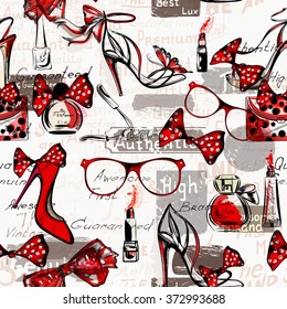 Fashion vector background with female on a high heels glasses bags red lipstick and perfumes