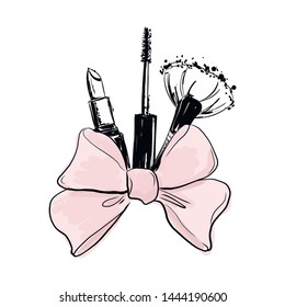 Fashion vector background with hand drawn cosmetics: lipstick mascara, makeup brush with bow. bunch of decorative cosmetics tied with beautiful ribbon. Makeup beauty fashion vector illustration