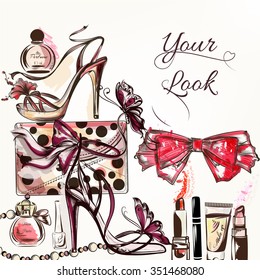 Fashion vector background with hand drawn female shoes and cosmetics lipstick cream bow perfume and other