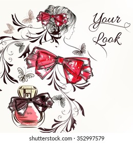 Fondo de Vector de moda con perfume de mariposas de retrato femenino dibujado a mano y arco para el diseño