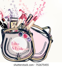 Fashion vector background with hand drawn female bag and cosmetics lipstick cream and other