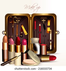 Fashion vector background with lipstick and makeup accessories