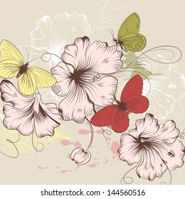 Fashion vector background with pastel butterflies and hand drawn flowers