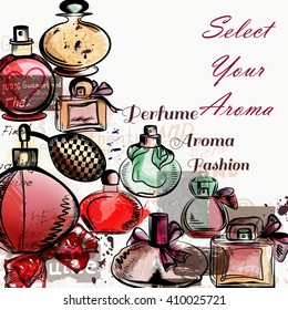 Fashion vector background with perfumes drawn in watercolor style select your aroma for design