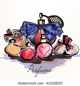 Fashion vector background with perfumes drawn in watercolor style select your aroma for design