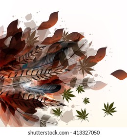 Fashion vector background in psychedelic style with feathers and cannabis leafs