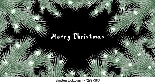 Fashion vector background with realistic branches of the Christmas tree and space for text. Frame isolated on black. Great for Christmas cards, banners, flyers, posters party. Vector eps 10.