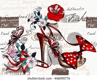 Fashion vector background with sandal and flowers for design