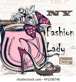 Fashion vector background with trendy bag and female shoe on high heels. Stylish lady concept