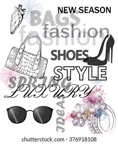 Fashion vector background, words cloud. Fashion, cosmetics and beauty  background. Template Vector.